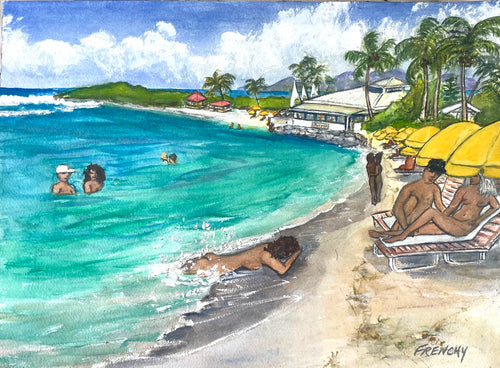 SOLD $750 - Club Orient at Papagayo 2015, Orient Beach, Sint Maarten Saint Martin, Original Art Painting 10x14 inches Watercolor