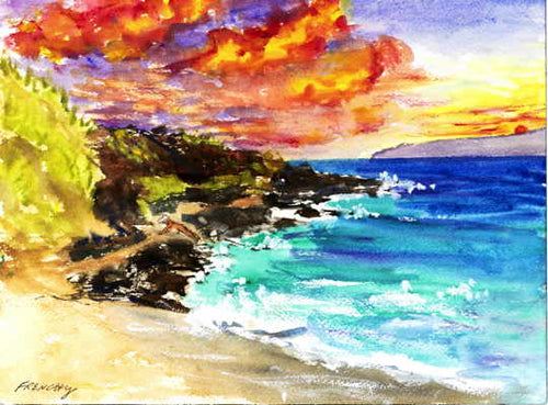 Nude Yoga, Little Beach, Maui, Hawaii 2016 - Original Art Watercolor Painting 9x12 inches