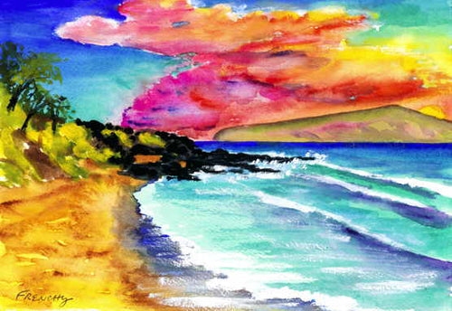Little Beach Sunset, Maui, Hawaii 2017 - Original Art Watercolor Painting 7x10 inches