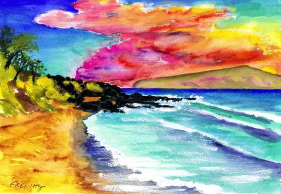 Little Beach Sunset, Maui, Hawaii 2017 - Original Art Watercolor Painting 7x10 inches