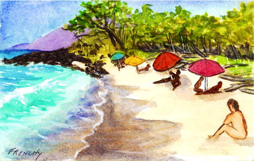 Little Makena Nude Beach, 2016 Maui, Hawaii 2016 - Original Art Painting 4x6 inches Watercolor