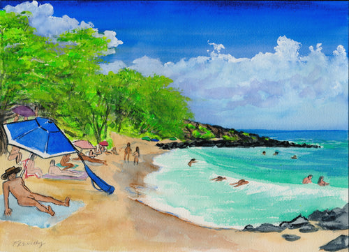 Blue Umbrella, Little Beach, Maui, Hawaii 2018 - Horizontal Framed Premium Gallery Wrap Canvas