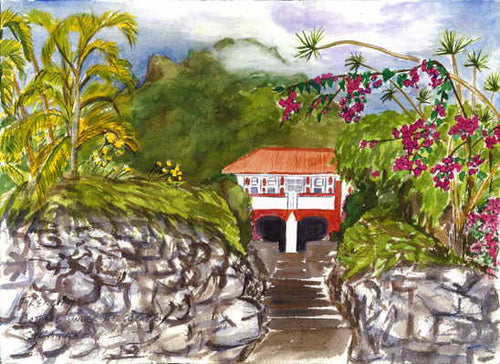 Cottage Under Mt Scenery, Saba 2002 - Horizontal Framed Premium Gallery Wrap Canvas